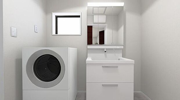 （同仕様モデル）洗面脱衣所！窓の付いた清潔感のあるシンプルな洗面脱衣所♪洗面台は、三面鏡の裏も収納スペースが付いており、シャワーヘッド付き！※家具、家電、インテリアはＣＧによるイメージです。