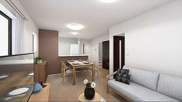 （同仕様モデル）カウンターキッチンからリビングにいるご家族やお子様の様子が見えるので、大切な時間を共有できるリビングスペースです♪※家具、家電、インテリアはＣＧによるイメージです。