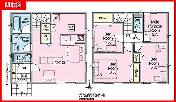2号棟です♪2階建、南向き、4LDKの間取りです♪17帖の広々リビング、様々な使い方の出来る多目的ルームもあり、各居室には収納スペース付き！ファミリーにも使いやすい間取りとなっております。