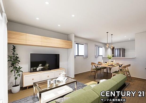 (同仕様モデル)カウンターキッチンからリビングにいるご家族やお子様の様子が見えるので、ご家族との大切な時間を共有できるリビングスペースです♪※家具、家電、インテリアはCGによるイメージです。