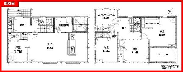 南東向き、2階建の4SLDKの間取りです♪広々とした洗面脱衣室や収納スペースがついており、ご家族でとても使い勝手の良い間取りとなっております♪