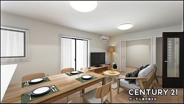 （同仕様モデル）カウンターキッチンからリビングにいるご家族やお子様の様子が見えるので、大切な時間を共有できるリビングスペースです♪※家具、家電、インテリアはＣＧによるイメージです。