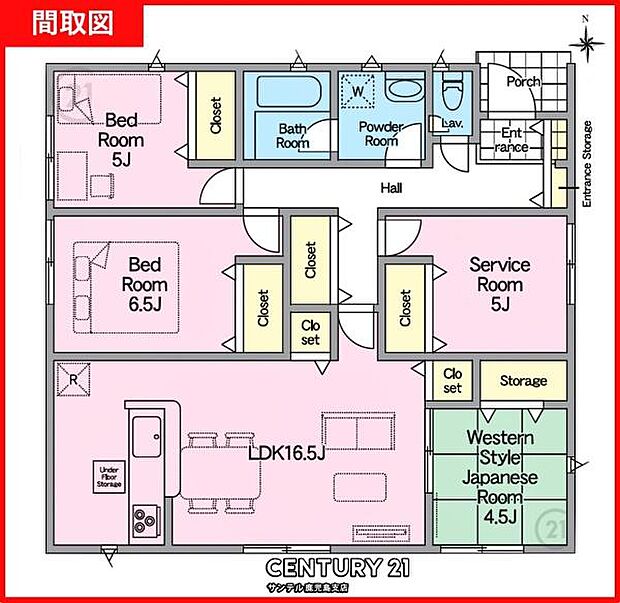南東向き、平家の4LDKの間取りです♪広々としたリビング横には和室が併設しております♪また、すべてのお部屋に収納スペースがあるので収納力もバッチリです！！