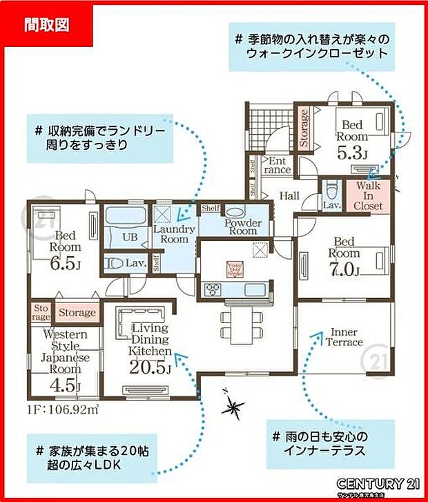 4号棟です！南向きの平屋、4LDKで余裕のある間取りです♪20帖超の広々リビング！各居室に収納があり、雨の日でも安心なインナーテラス付き♪ファミリーにも使いやすい間取りとなっております♪