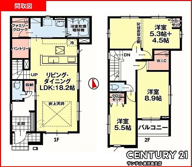 3SLDKの間取りです♪明るく広々としたリビングで、各居室は広くとられており、とても使いやすい間取りです♪※2階の5.3帖と4.5帖の洋室は間仕切りをすることで2部屋に分けることができます！