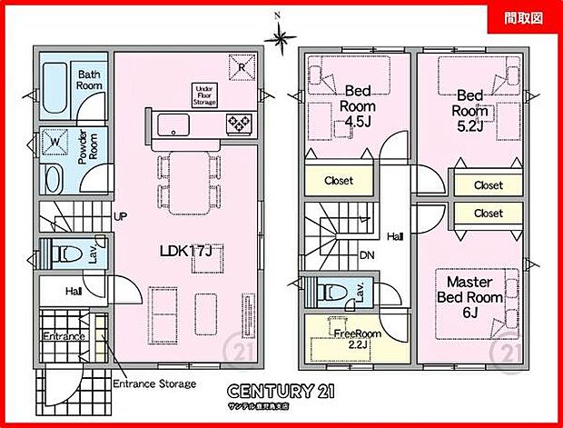 2階建、南向き、3SLDKの間取りです♪LDKは広々17帖もあり、余裕のあるスペースです♪