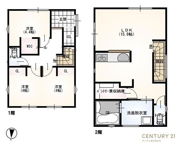 南向き!3LDKの間取りとなっております♪3人家族から4人家族にぴったりな間取りです♪※4畳と4畳の洋室は真ん中を壁で仕切るとで2部屋にできます!