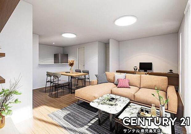 （同仕様モデル）カウンターキッチンからリビングにいるご家族やお子様の様子が見えるので、ご家族との大切な時間を共有できるリビングスペースです♪※家具、家電、インテリアはＣＧによるイメージです。