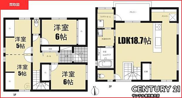 4LDKの間取りです♪各居室に収納スペースを完備しておりますので衣類もすっきり収納できます♪2Fの5帖+5帖の洋室は間仕切りをした場合、2部屋に分けることができます♪