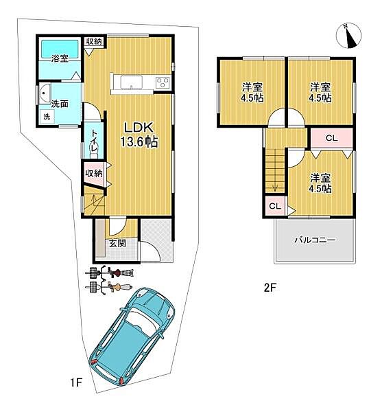 延床面積63.18平米の3LDKの建物プランです。3LDKの間取りに駐車場つき。モデルハウスもございますのでお気軽にお問い合わせください。