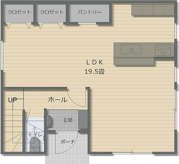 開放的なLDKは19.5畳の広さがありレイアウトの幅も広がります。キッチン横には便利なパントリーが備え付けられています。クローゼットも2カ所あり収納スペースが充実しています。