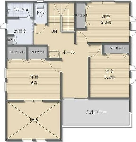 洋室が三部屋あり使い分けに適した間取りです。全居室クローゼット付きで収納も便利です。バルコニーに面した洋室は開放感を感じられます。洗面室とシャワールームが隣接しており使いやすさが魅力です。