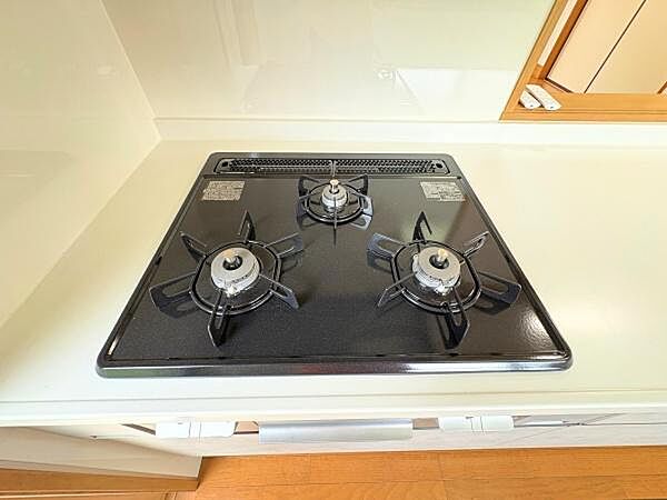 シンプルなデザインのガスコンロが備わっております。周囲が広々とした作業スペースになっておりお手入れも容易です。三口タイプで複数の調理が同時に可能です。