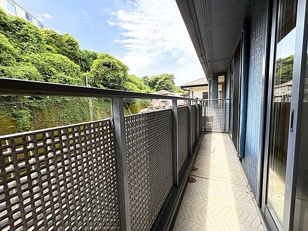 奥行きのあるバルコニーが広がっており複数の窓から光が入ります。周囲には豊かな緑が広がり開放感を感じられます。金属素材の手すりで視界が確保されています。床面にはデザイン性のある素材が使用されています。