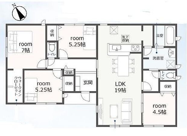 全室フローリング、4LDK、平屋建て！LDKはゆとりの19帖、WIC、パントリー付き♪駐車スペース3台！
