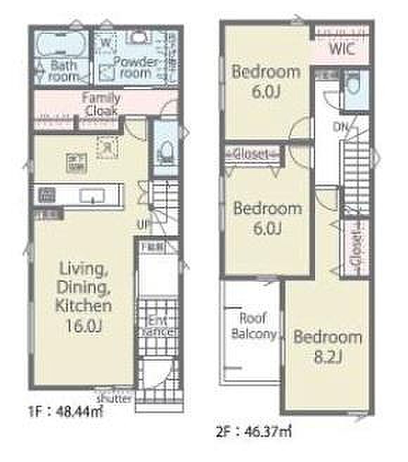 3LDK、2階建て、ファミリークローク、ウォークインクローゼット付き!駐車スペース2台!長期優良住宅認定、ZEH水準の次世代住宅!