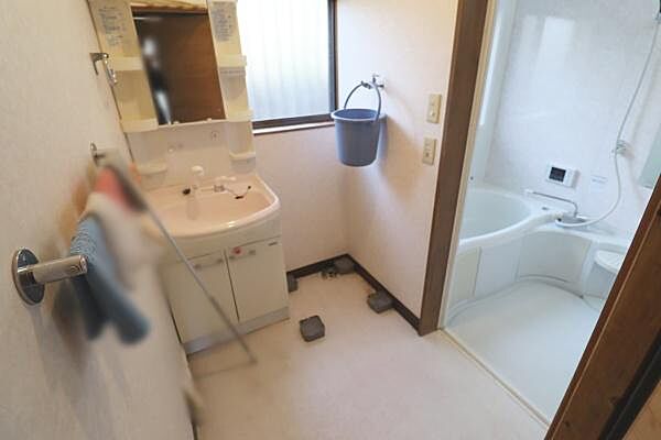 シャワー付き洗面台、隣が洗濯機置場です。