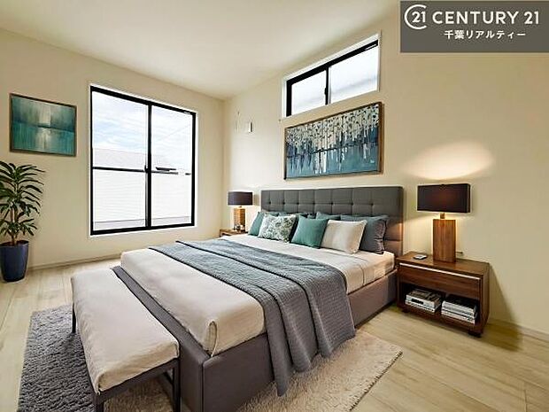 家具はCGパースです。優しい光が差し込む洋室は、朝の目覚めも気持ちが良さそうですね。おうち時間もゆったりと過ごすことができます。優しい色合いのフローリングがどんな家具にもマッチします!