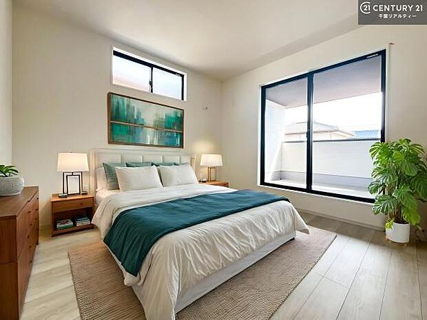 家具はCGパースです。バルコニーに面している洋室です。明るく温もりがあり、換気もしっかりできます！朝起きて、外に出て背伸びをしつつ深呼吸をし良い朝を迎え入れることができます。