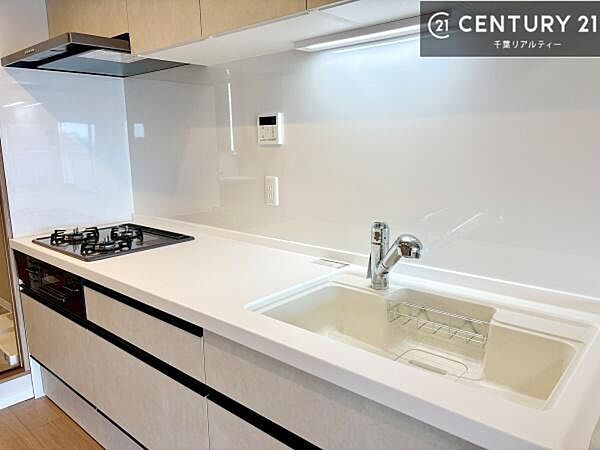 ワイドなシンクですね！水が跳ねにくく洗物がしやすい家事が楽々仕様のシステムキッチンです！デザイン性と機能性を兼ねたキッチンで清潔感がありますね！