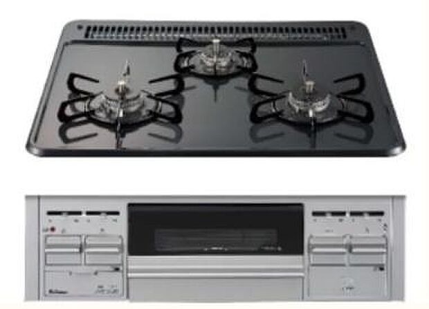 角を極力少なくした、お手入れのしやすい「すっきりクリーンごとく」。3口全てに温度センサーが付き、高温炒め機能付き。片面焼きグリルも搭載、消し忘れ消火機能付き、安全で機能的です。