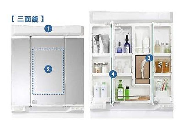 ミラー扉の内側がすべて収納スペースになっています。※写真・イラストはイメージです。実際の仕様が画像と異なる場合がございますので、ご注意ください。