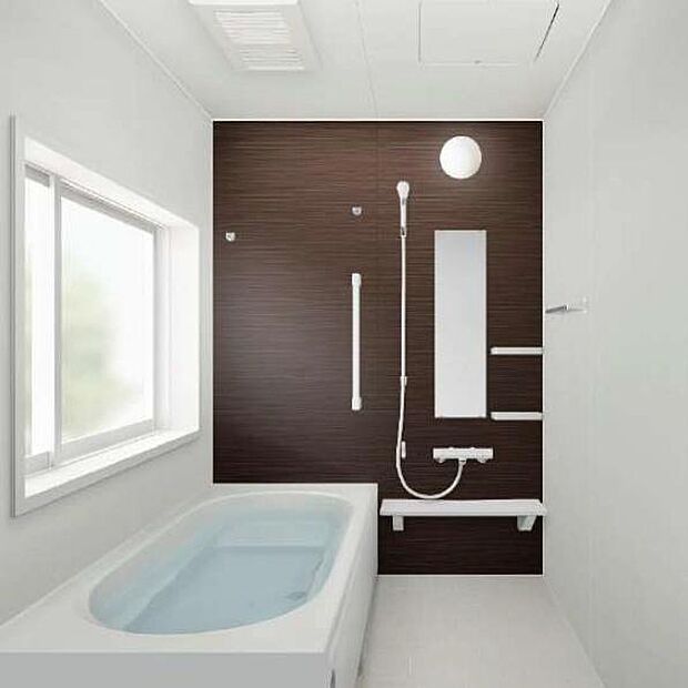 浴室乾燥・暖房機付きで、カビの発生も抑制！1坪タイプの浴槽で大人も足を伸ばして浴槽につかれます。※写真・イラストはイメージです。実際の仕様が画像と異なる場合がございますので、ご注意ください。