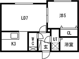 リベルティ平岸 2階1LDKの間取り