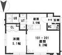 ルミエールFPC 2階1LDKの間取り