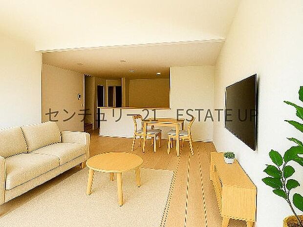 【リビング】広々としたリビング空間にキッチンもあり、家族団らんや来客時にもゆったり過ごせる心地よい空間。※ホームステージングしているイメージ図です。