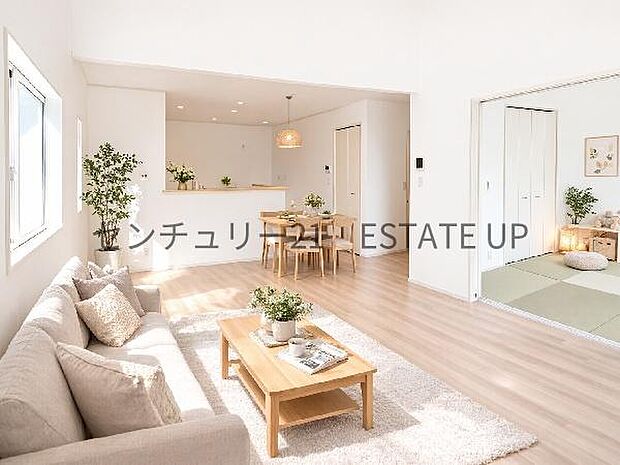 【リビング】リビング空間にキッチン。みんなで食事を楽しめる空間。※ホームステージングしているイメージ図です。※画像反転しています。