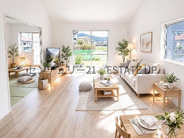 【リビング】大きな窓から明るい陽光が差し込み、ご家族皆様でゆったりとお過ごしいただけるリビングダイニングです。※ホームステージングしているイメージ図です。