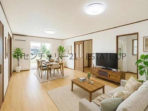 【リビング】大きな窓から明るい陽光が差し込み、ご家族皆様でゆったりとお過ごしいただけるリビングダイニングです。※ホームステージングしているイメージ図です。