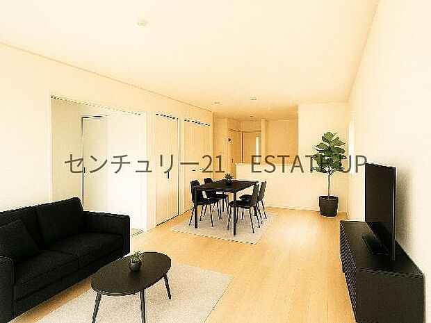 【リビング】広々としたリビング、キッチンもあり洋室が開放的され広々としています。※ホームステージングしているイメージ図です。