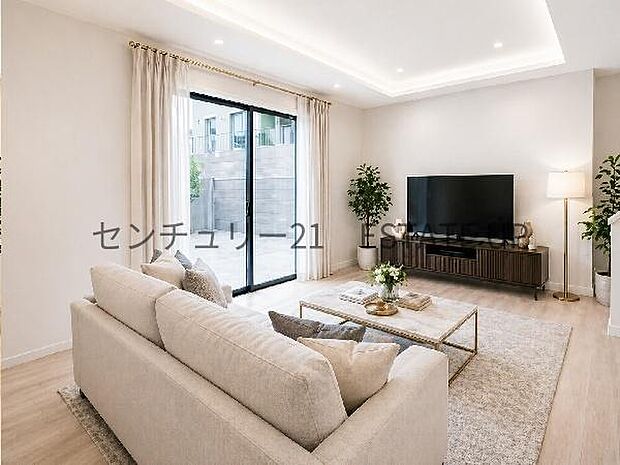 【リビング】広々としたリビング空間で、家族団らんや来客時にもゆったり過ごせる心地よい空間。※ホームステージングしているイメージ図です。
