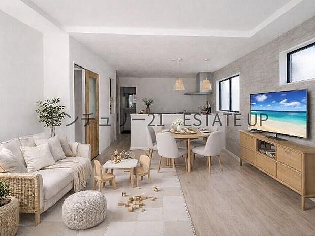 【リビング】リビング空間にキッチン。みんなで食事を楽しめる空間。※ホームステージングしているイメージ図です。