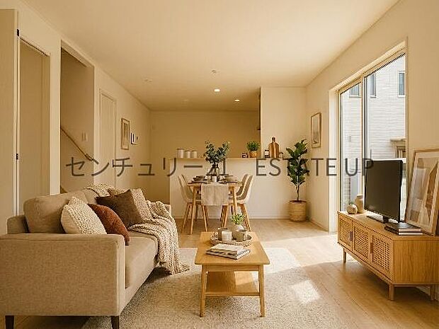 【リビング】リビング空間にキッチン。みんなで食事を楽しめる空間。※ホームステージングしているイメージ図です。