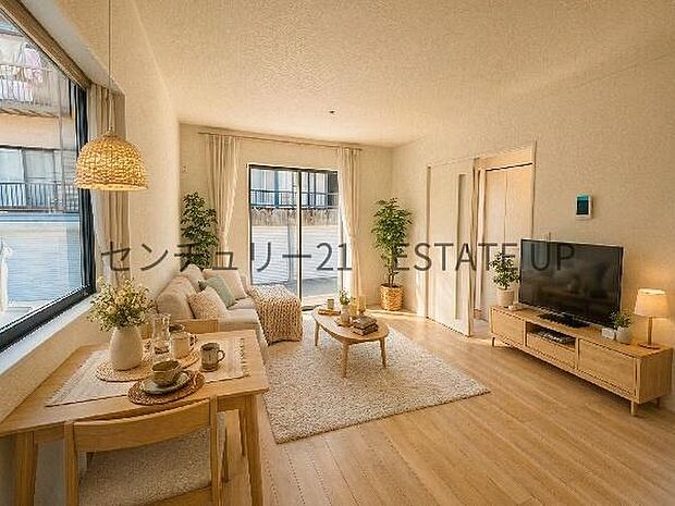 【リビング】広々としたリビング空間で、家族団らんや来客時にもゆったり過ごせる心地よい空間。※ホームステージングしているイメージ図です。