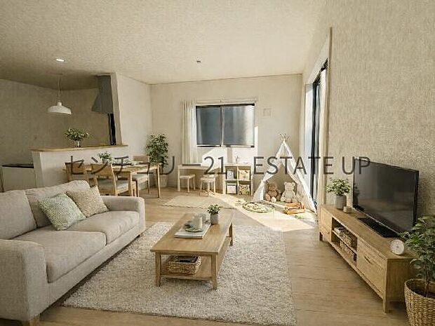 【リビング】リビング空間にキッチンがあり、みんなで食事を楽しめる空間。※ホームステージングしているイメージ図です。