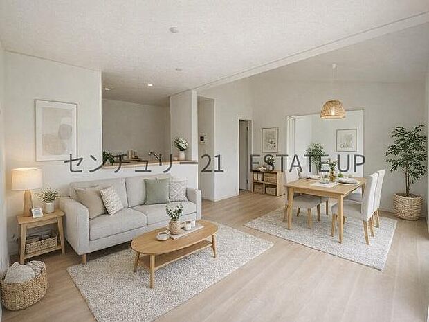 【リビング】広々としたリビング空間で、家族団らんや来客時にもゆったり過ごせる心地よい空間。※ホームステージングしているイメージ図です。