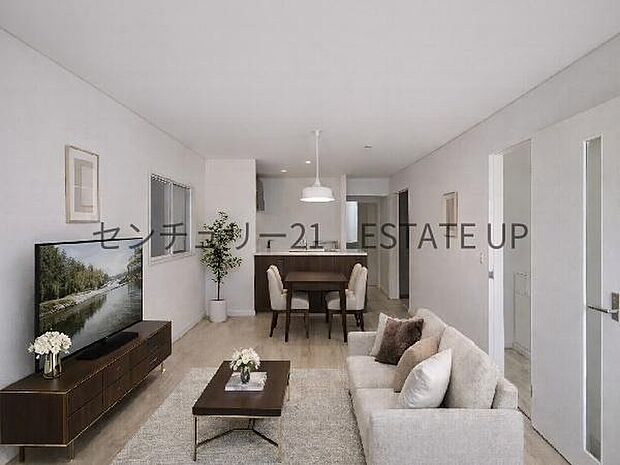 【リビング】リビング空間にキッチン。みんなで食事を楽しめる空間。※ホームステージングしているイメージ図です。