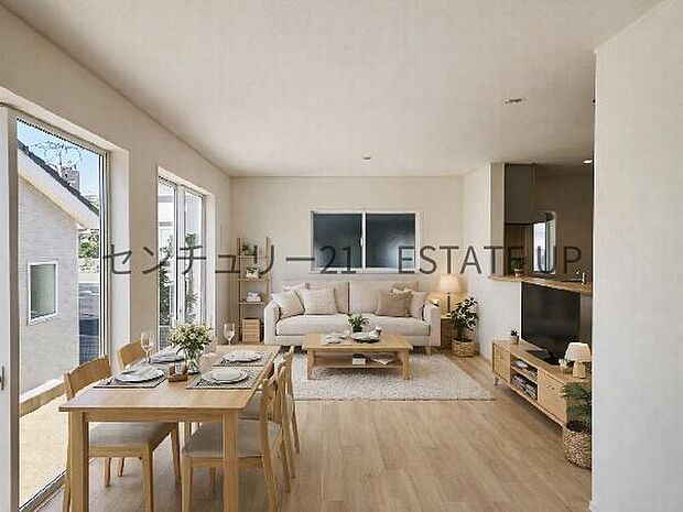 【リビング】広々としたリビング空間で、家族団らんや来客時にもゆったり過ごせる心地よい空間。※ホームステージングしているイメージ図です。