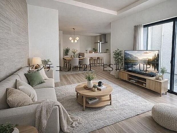 【リビング】リビング空間にキッチン。みんなで食事を楽しめる空間。※ホームステージングしているイメージ図です。