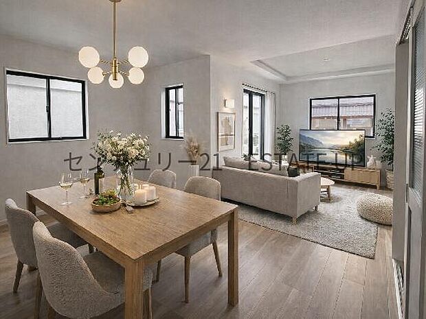 【リビング】広々としたリビング空間で、家族団らんや来客時にもゆったり過ごせる心地よい空間。※ホームステージングしているイメージ図です。