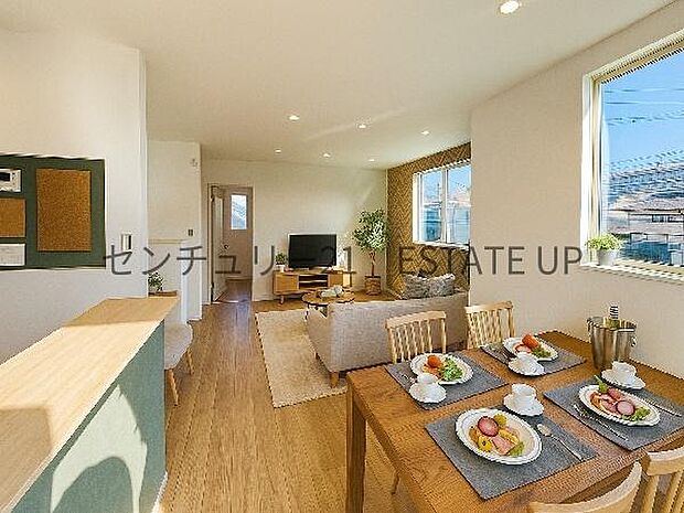 【リビング】広々としたリビング空間で、家族団らんや来客時にもゆったり過ごせる心地よい空間。※ホームステージングしているイメージ図です。