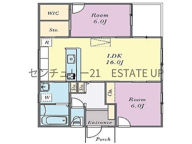 【間取り】ファミリーにおすすめの2LDK。寝室、お子様のお部屋など分けた使いかたが可能です。