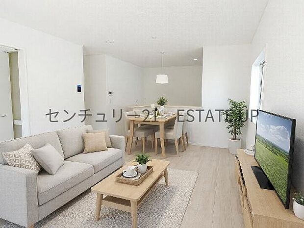 【リビング】リビング空間にキッチンがあり、みんなで食事を楽しめる空間。※ホームステージングしているイメージ図です。