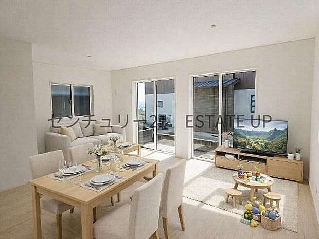 【リビング】広々としたリビング空間で、家族団らんや来客時にもゆったり過ごせる心地よい空間。※ホームステージングしているイメージ図です。