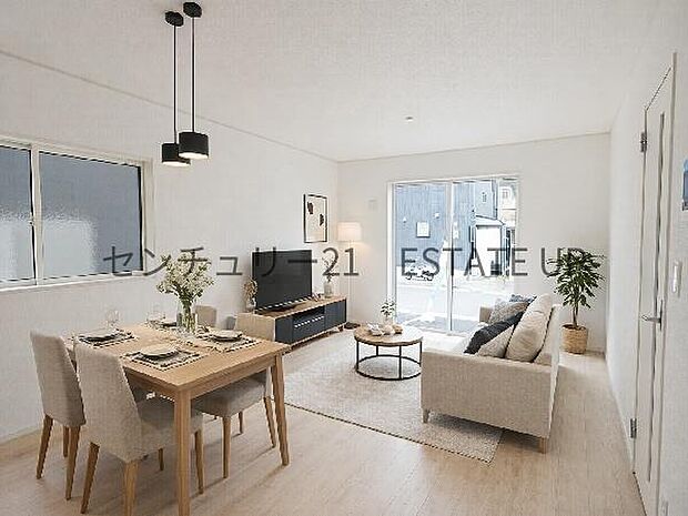 【リビング】広々としたリビング空間で、家族団らんや来客時にもゆったり過ごせる心地よい空間。※ホームステージングしているイメージ図です。