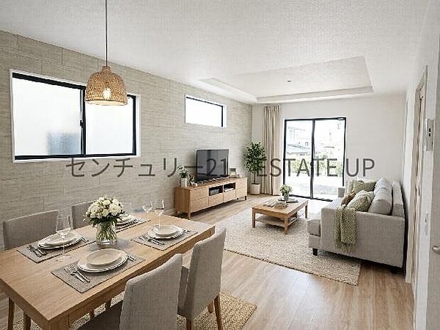 【リビング】広々としたリビング空間で、家族団らんや来客時にもゆったり過ごせる心地よい空間。※ホームステージングしているイメージ図です。